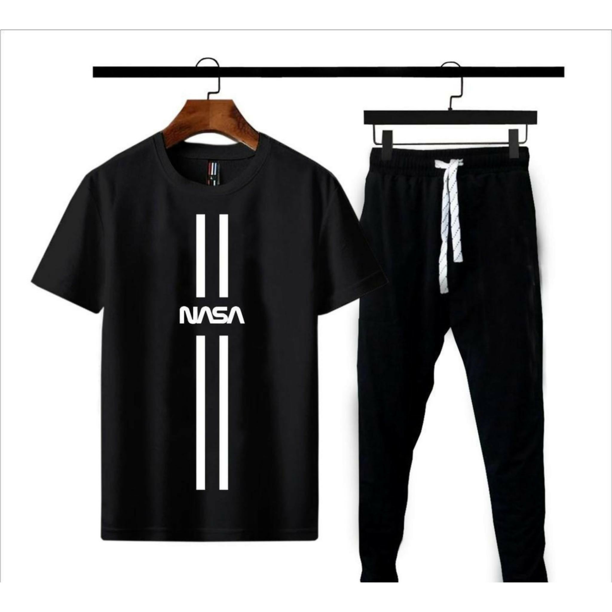 Men NASA Printed Track Suit Black 2Pcs Cotton Jersey