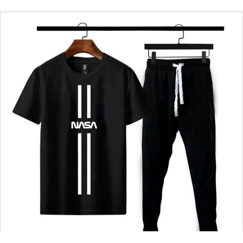 Men NASA Printed Track Suit Black 2Pcs Cotton Jersey