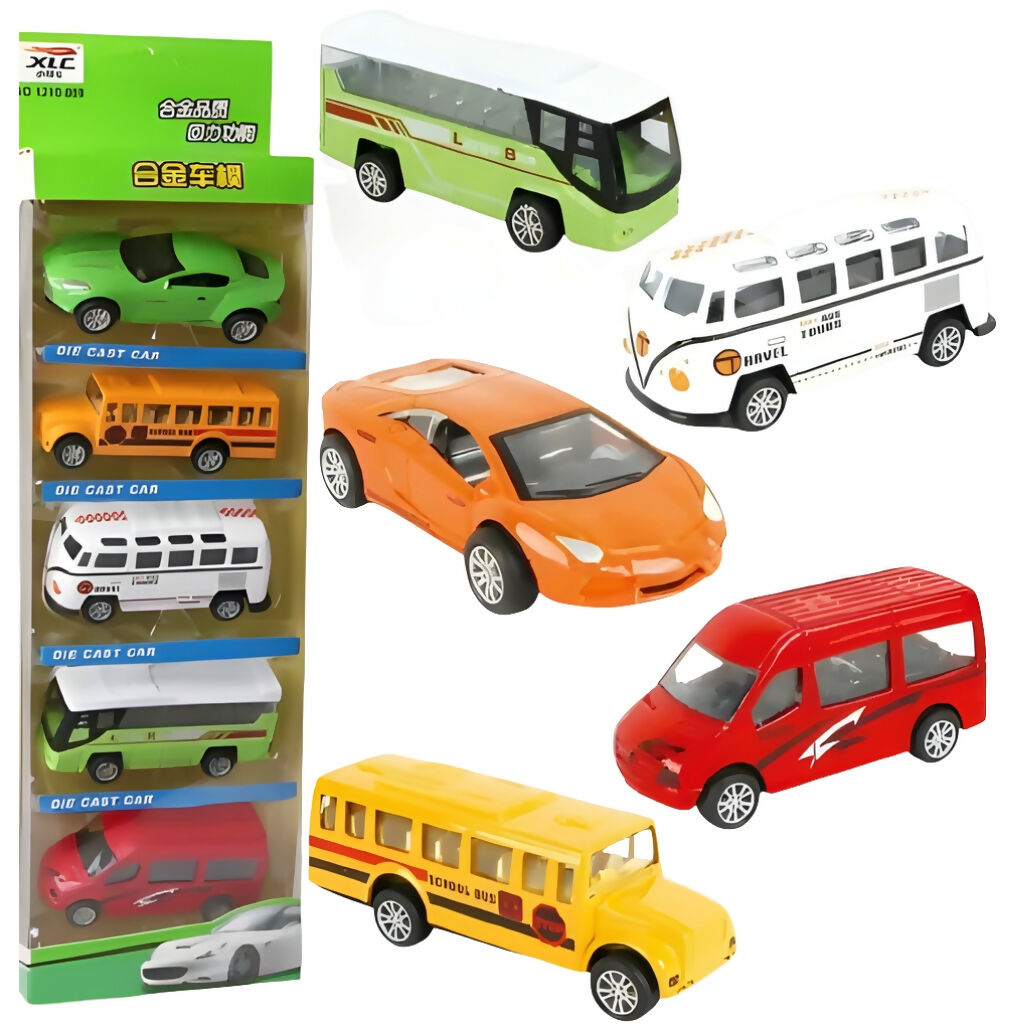 5-Piece Metal Vehicle Toy Set, Durable Pull-Back Cars & Buses, for Kids