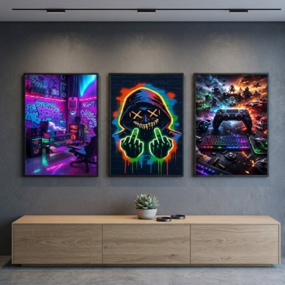 Gaming-inspired artwork gives bedrooms and setups a bold modern feel.