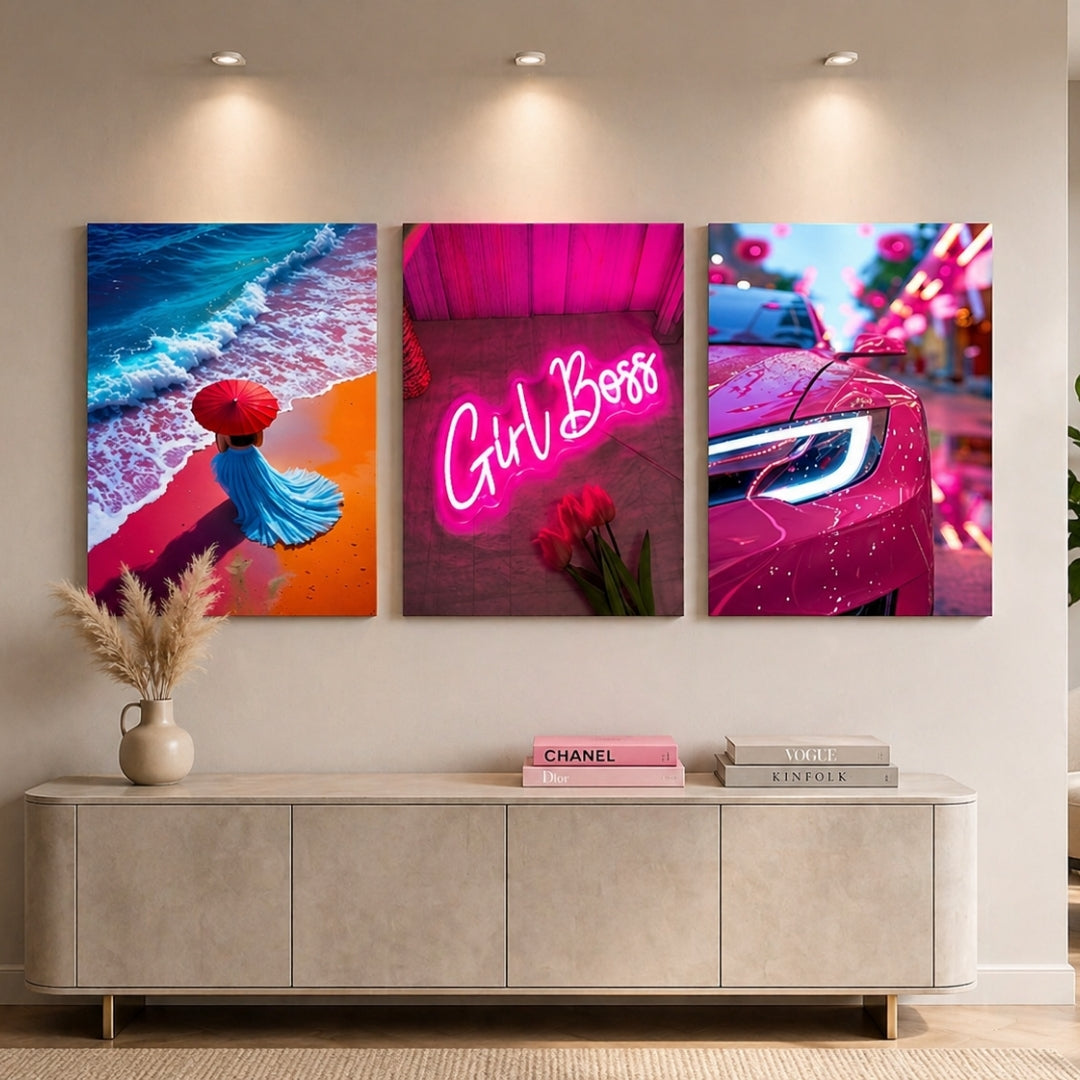 3 piece Girl Boss pink neon wooden wall art set