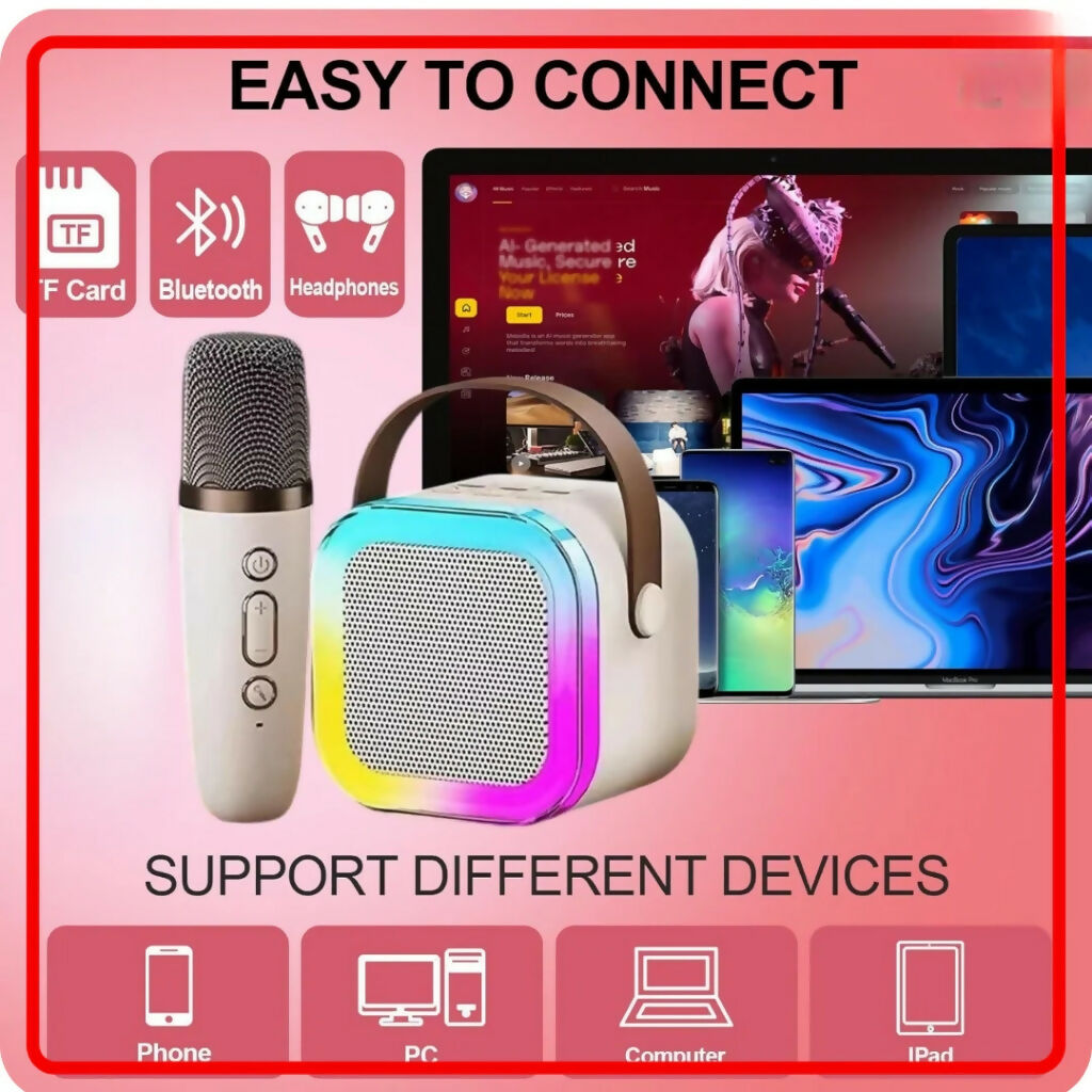 3-in-1 Karaoke Mic, Bluetooth Speaker, LED Lights, for Kids & Adults