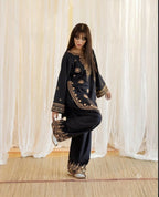 Malai Lawn Contrast Embroidered Shirt With Embroidered Sleeves & Malai Lawn Contrast Embroidered Farshi Shalwar 2pc Dress