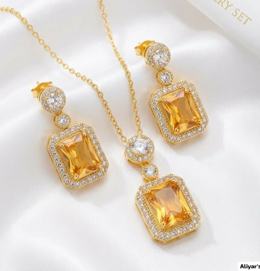 Chain Locket And Earrings Set With Cubic Zirconia Square Stone Elegant Jewelry "GREEN GOLDEN"