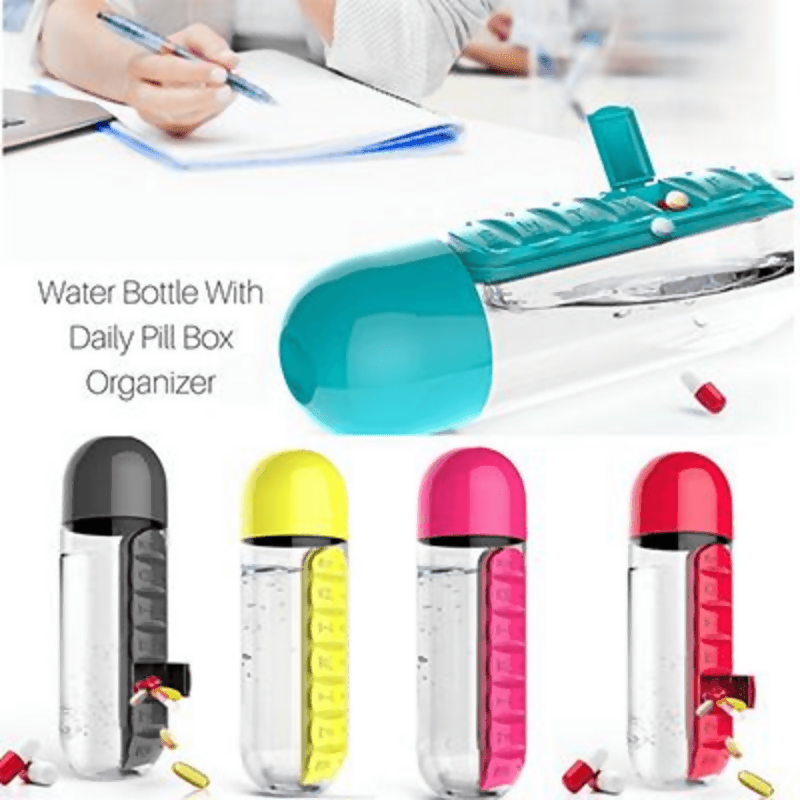 2 In 1 Water Bottle With Built In 7 Day Pill Organizer And Cup Cap Durable Portable Design For Daily Use | Random Color