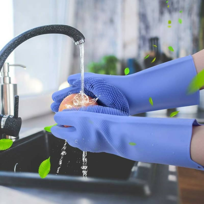 Silicone Dishwashing & Cleaning Pair Gloves – Reusable Heat Resistant Scrubber Gloves for Kitchen, Bathroom & Household Cleaning | Random Color