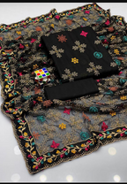 Black Embroidered Cotton Suit For Women With Khaadi Net Dupatta