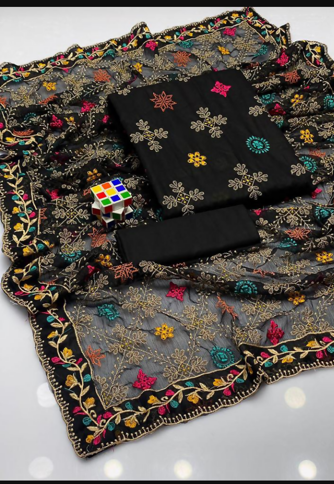 Black Embroidered Cotton Suit For Women With Khaadi Net Dupatta