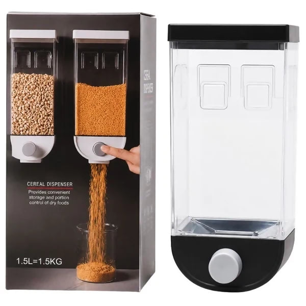Wall Mounted Cereal Dispenser | 1.5L Transparent Grain Storage Container | One-Touch Cereal & Rice Dispenser | Space Saving Kitchen Organizer
