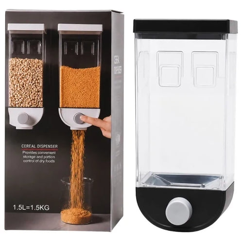 Wall Mounted Cereal Dispenser | 1.5L Transparent Grain Storage Container | One-Touch Cereal & Rice Dispenser | Space Saving Kitchen Organizer