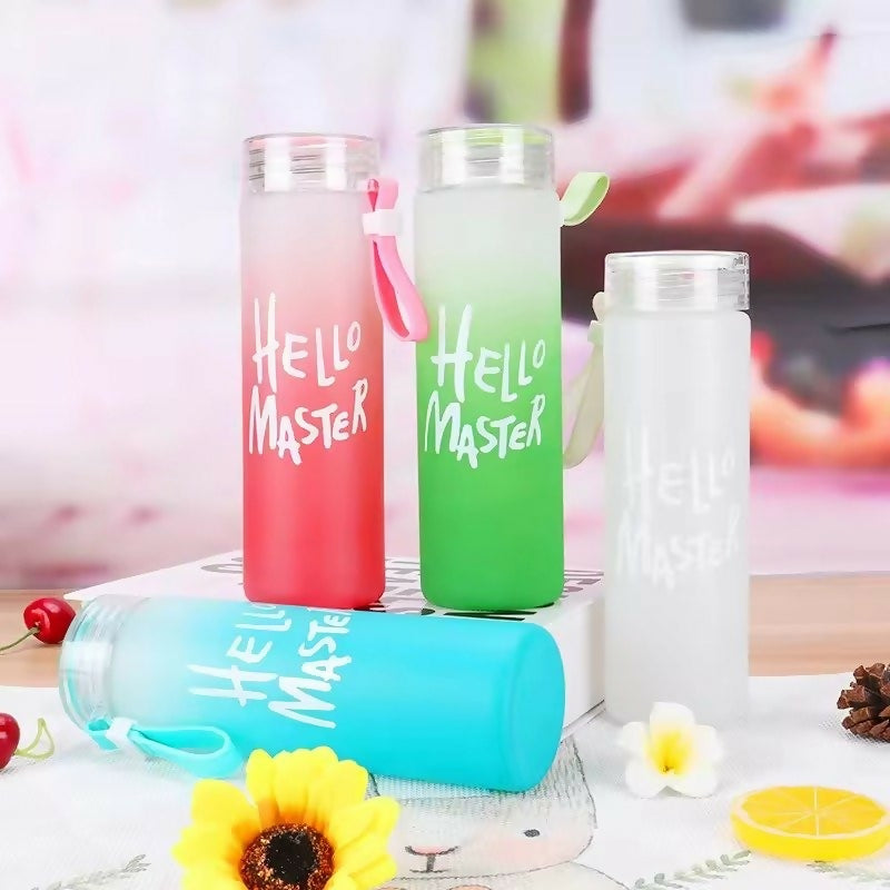 Frosted Glass Water Bottle With Hello Master Decal Logo – 400ml (Random color)