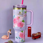 Stainless Steel Flower Design Tumbler – Vacuum Insulated Car Mug with Lid