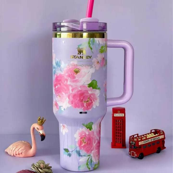 Stainless Steel Flower Design Tumbler – Vacuum Insulated Car Mug with Lid