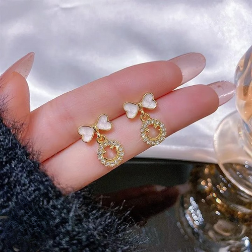 PXT-988 Smiley Face Zircon Korean Earrings, Elegant Bow  Crystal Circle Design