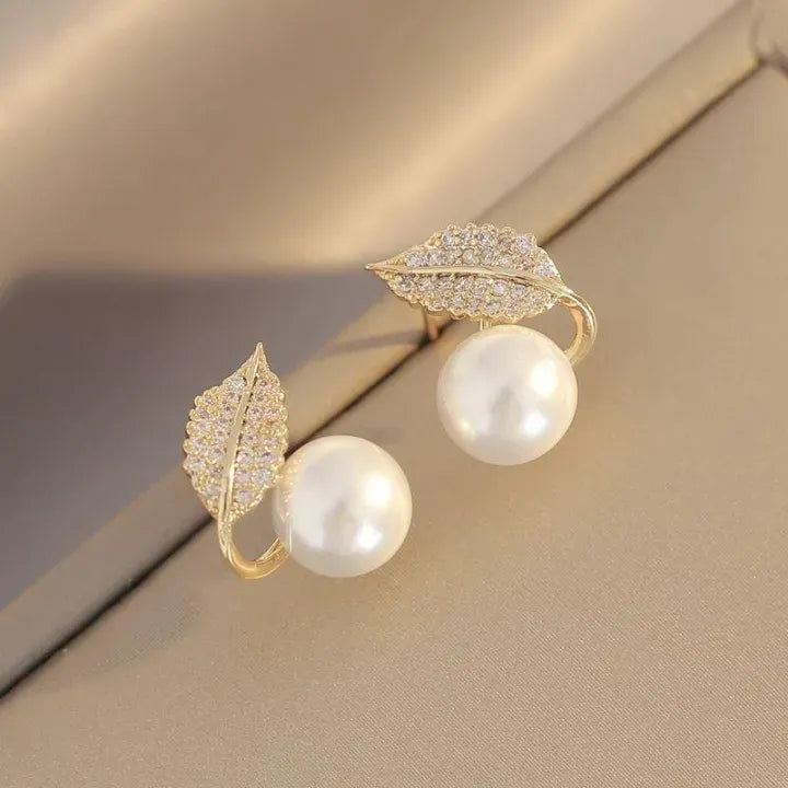 Pearl Leaf Design Earrings for Women Silver and Golden
