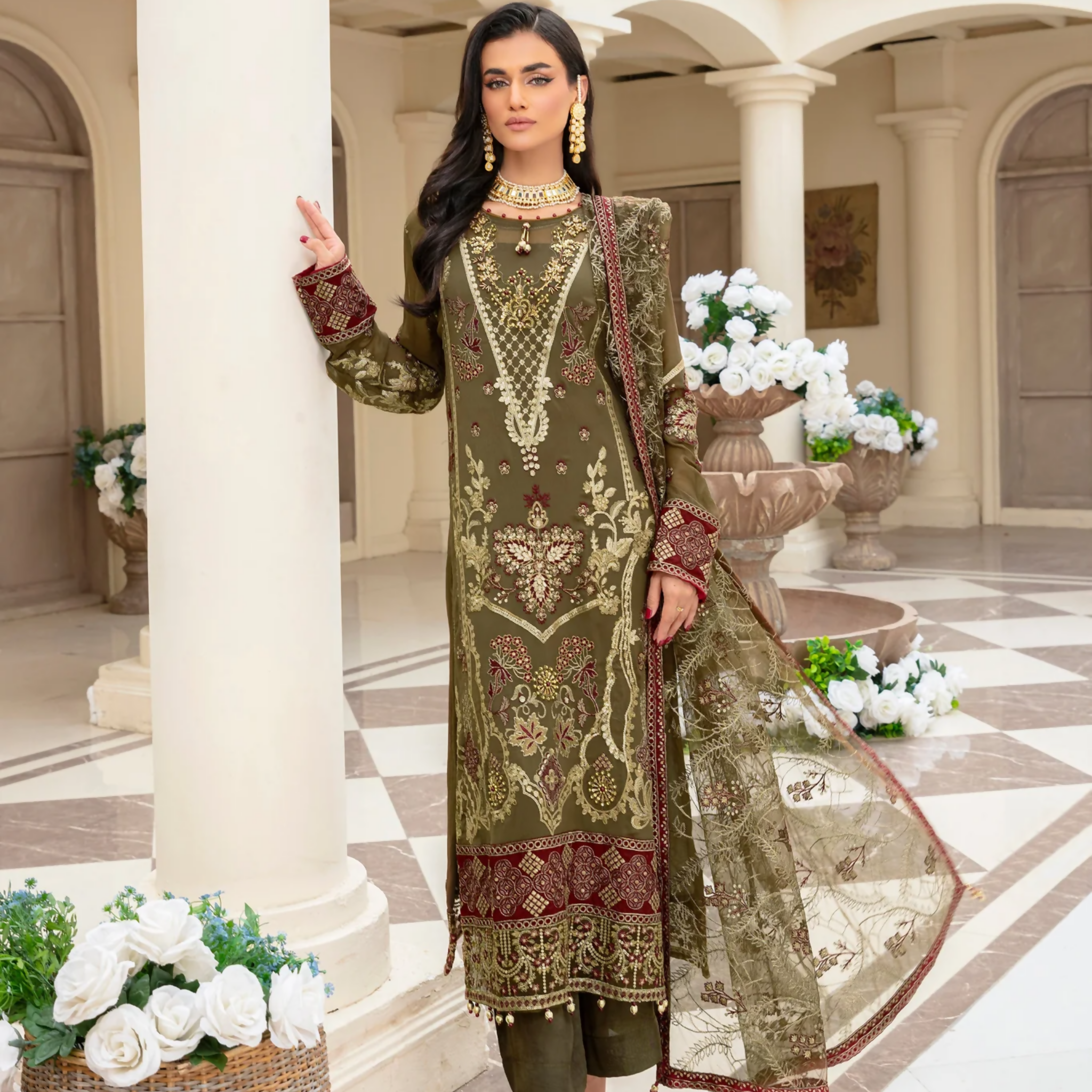 Unstitched Suit, Organza Dupatta Elegantly Embroidered & Hand-Embellished