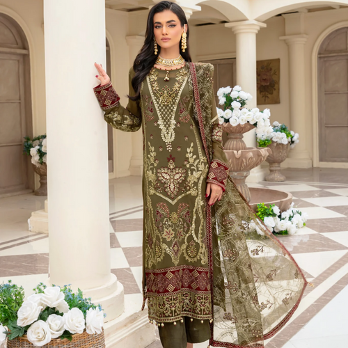 Unstitched Suit, Organza Dupatta Elegantly Embroidered & Hand-Embellished