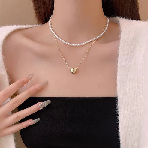 Necklace, Elegant Double Layer Heart Pearl Pendent for Women