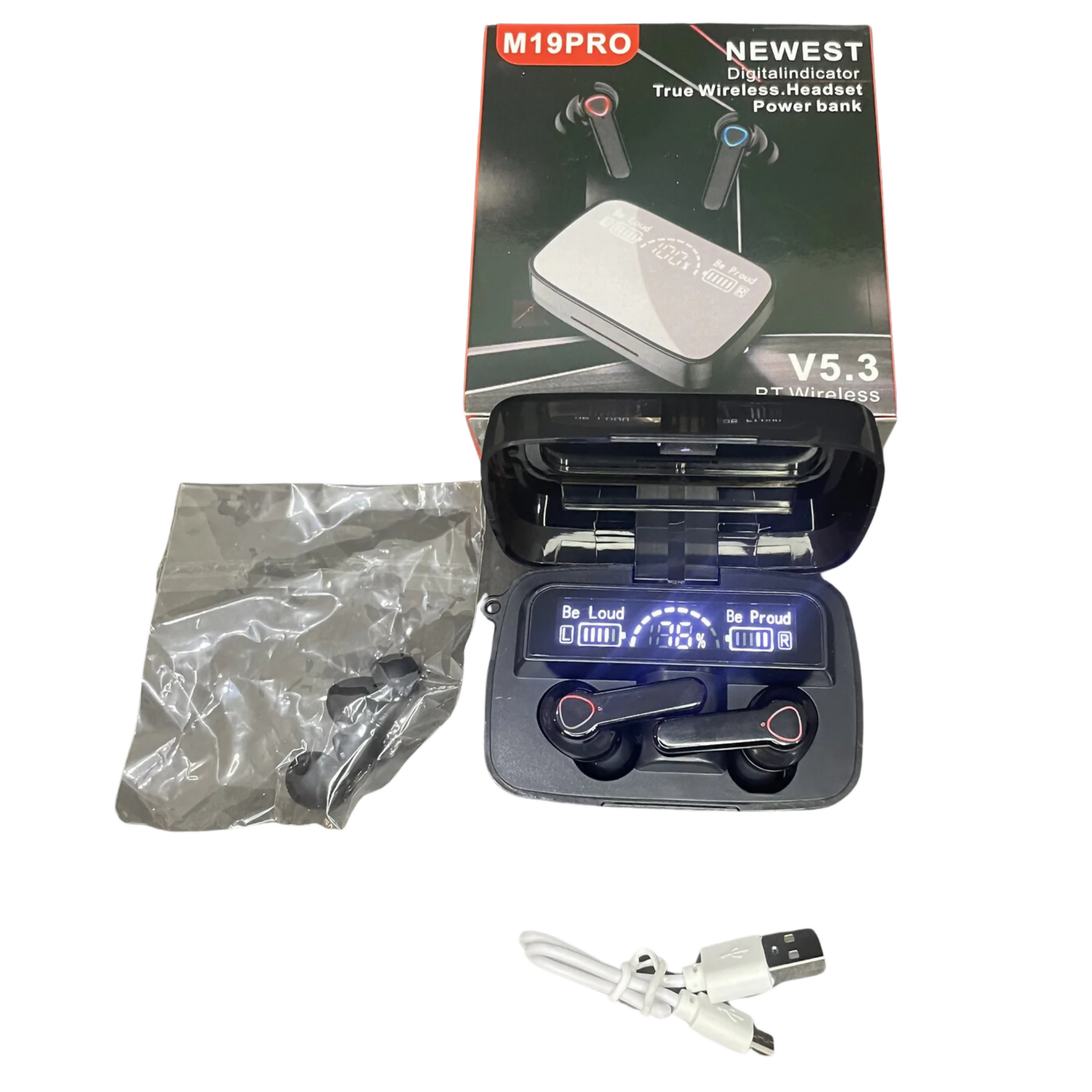 M19 Earbuds, Hifi Sound Wireless with Power bank, for All Mobiles