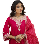 Stitched Suit, Embroidered Cotton Jacquard with Striped Organza Dupatta, for Women