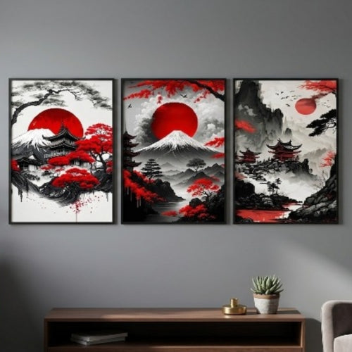 Japanese red sun and pagoda wooden wall art frames