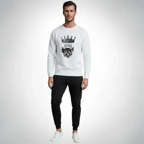 KING Printed White Tracksuit Sweatshirt & Trouser | Warm & Comfortable Winter Wear | Medium, Large and XL