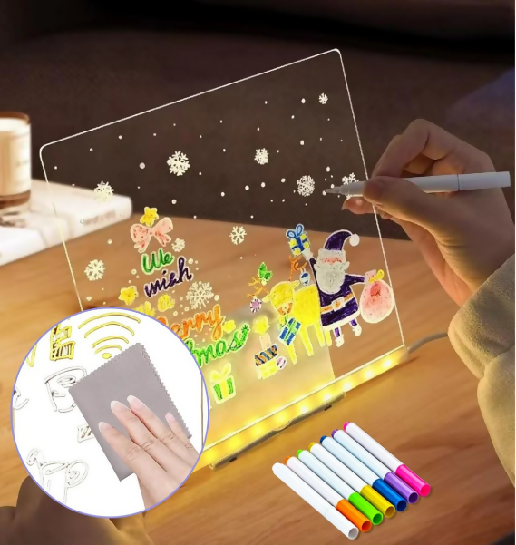 LED Light-Up Writing Board – 15×15 cm Acrylic Message Pad with Stand | Colorful DIY Notes & Erasable Neon Pens