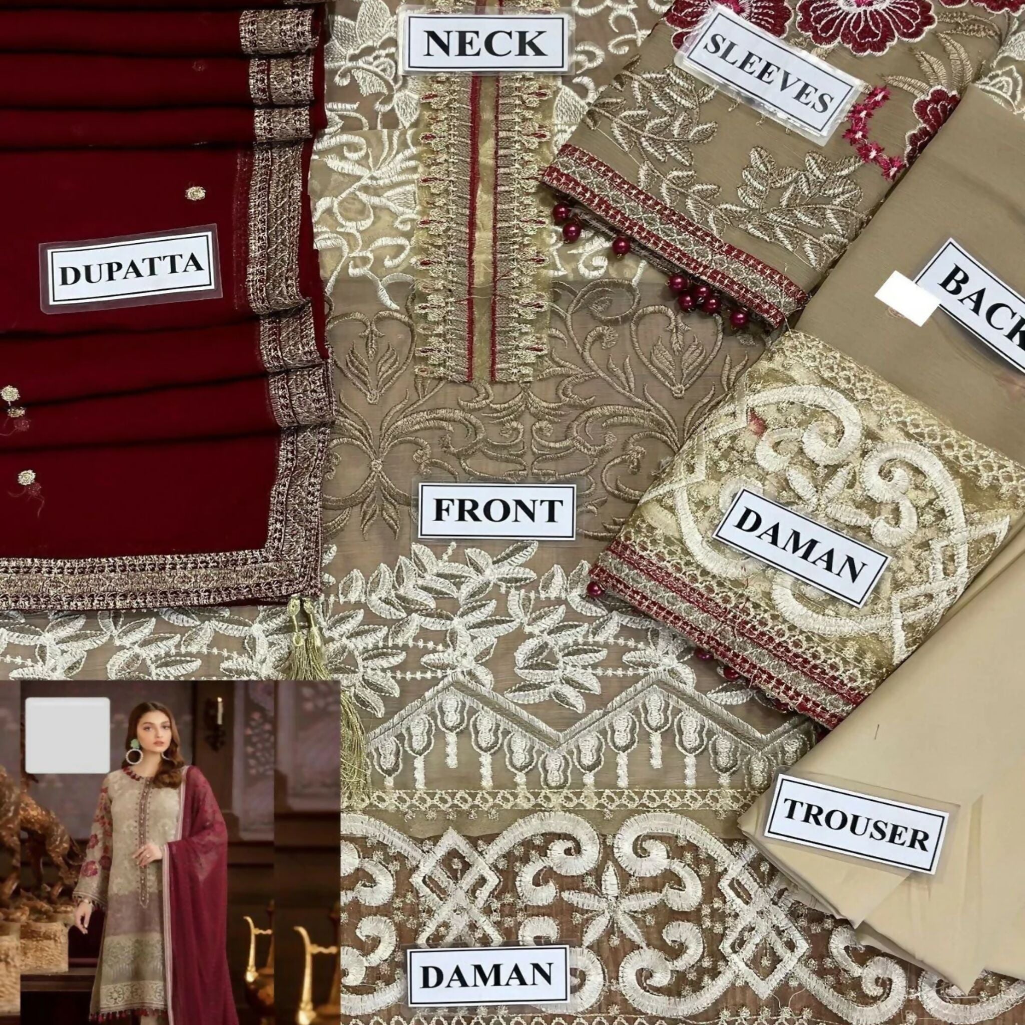 Luxurious Embroidered Collection, Chiffon Shirt, Dupatta, and Malai Trouser