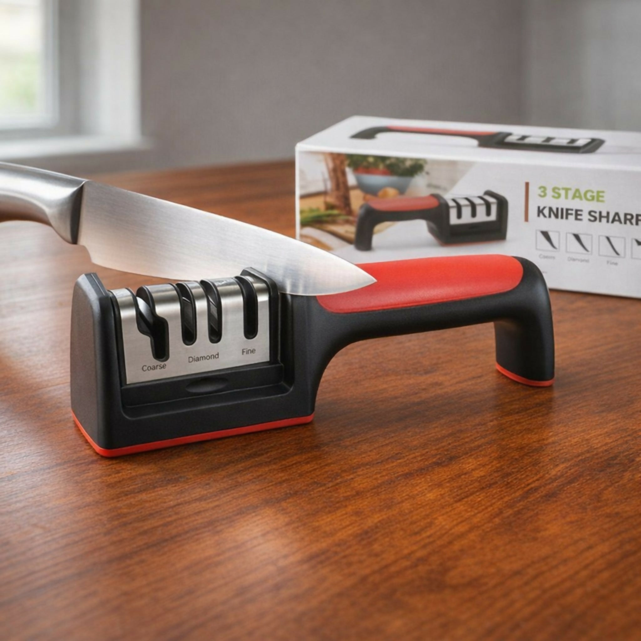 Professional 3-Stage Kitchen Knife Sharpener – Manual Sharpener for Steel & Ceramic Knives