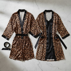 Couple Leopard Print & Black Satin Sleepwear Set – 4 Pcs Robe & Nightdress Set (DC-1021)
