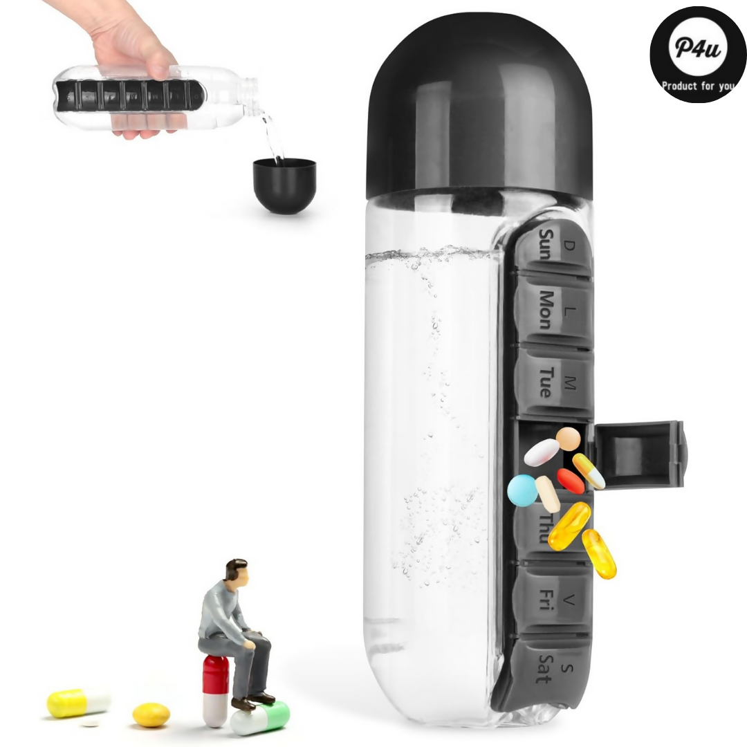 2 in 1 Daily Pill Box Organizer with Water Bottle 600ml