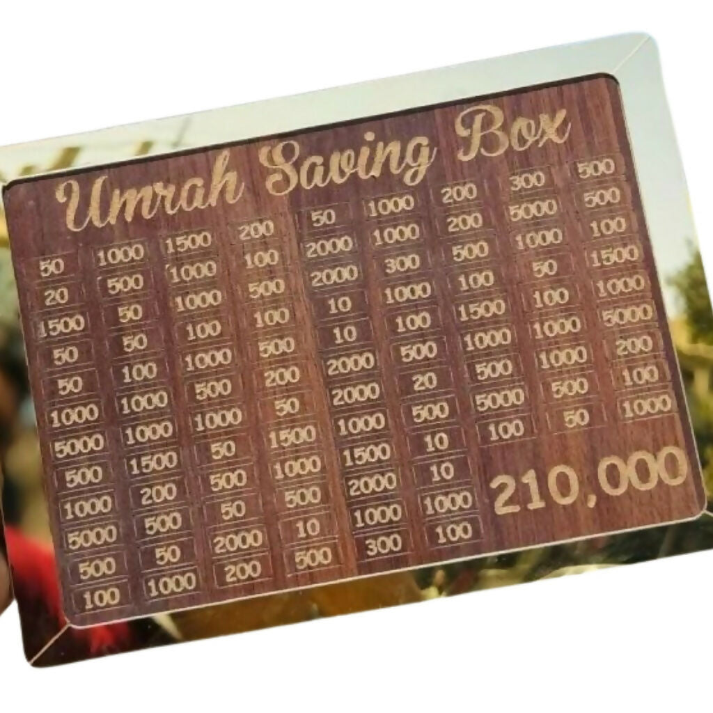 Umrah Saving Box, Premium Wooden Design, Lockable Money Box