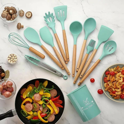 12 Pcs Silicone Cooking Utensils Kitchen Utensil Set | Heat Resistant Kitchen Non toxic Spatula Set with Turner Tongs,Spoon,Brush,Whisk-Wooden Handle – Random Color