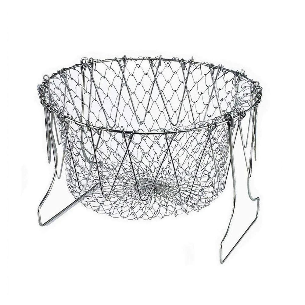 STAINLESS STEEL MULTI-FUNCTIONAL FOLDABLE COOKING Chef Basket Deluxe Kitchen Colander, MESH STEAM RINSE STRAIN FRY BASKET DEEP FRYER