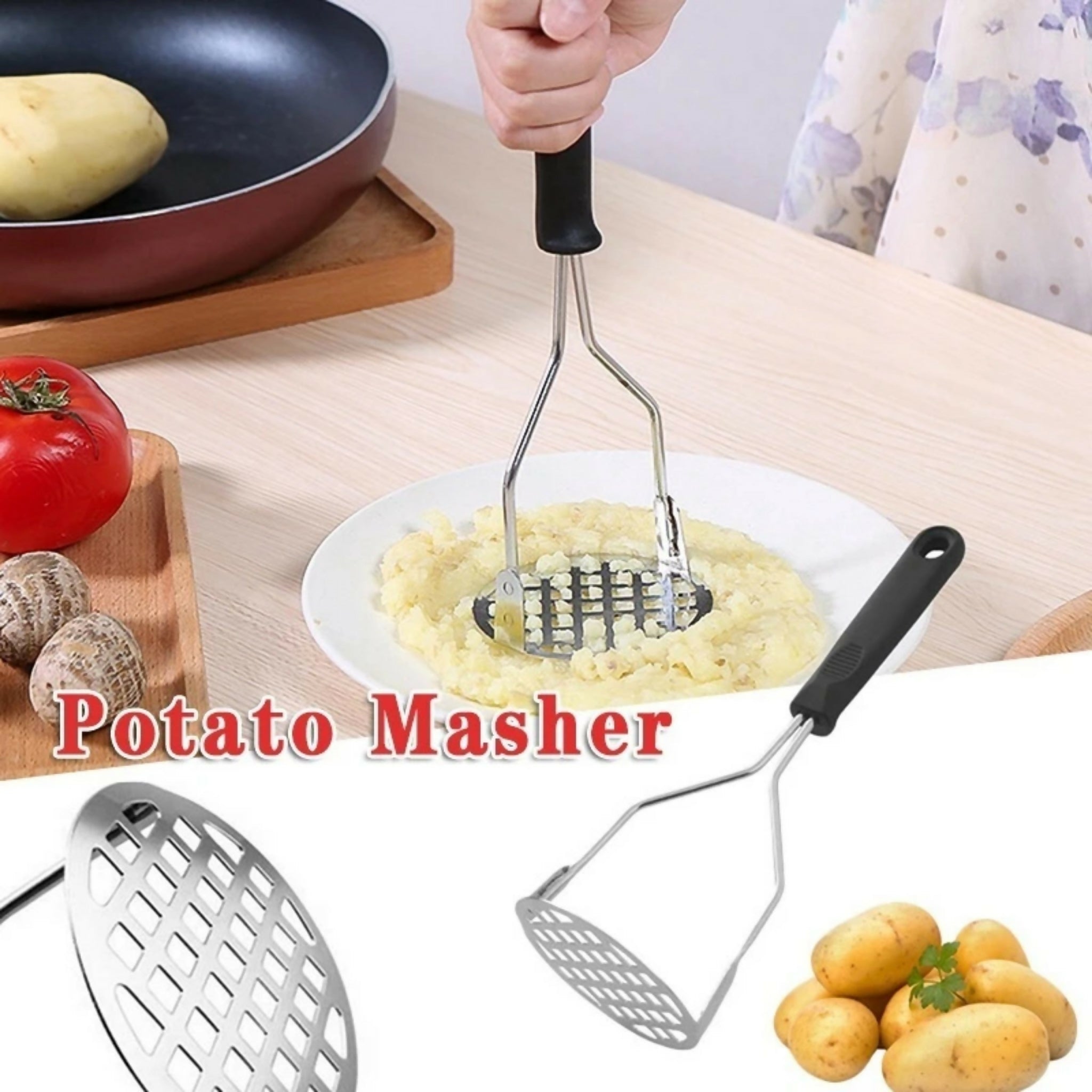 Stainless Steel Potato Masher – Manual Vegetable & Fruit Ricer Crusher Tool | Kitchen Cooking Gadget