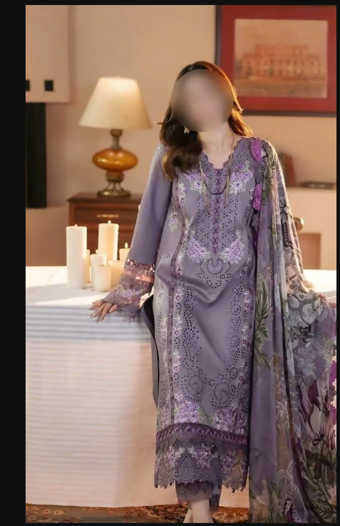 Purple Embroidered 3PC Women's Suit For Eid Party Wear