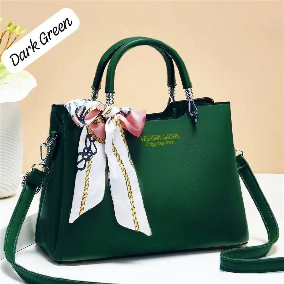 1Pc Vesasan Gaohn Faux Leather Handbag With Decorative Scarf Elegant Design Premium Quality - Black - Brown - Dark Blue - Dark Green - Light Pink - Maroon - Purple