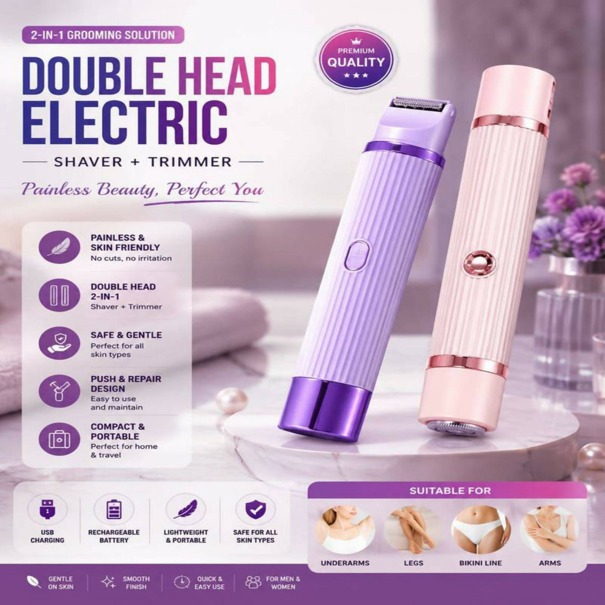 2-in-1 Dual Head Shaver & Electric Trimmer for Women – Rechargeable Hair Remover & Grooming Tool