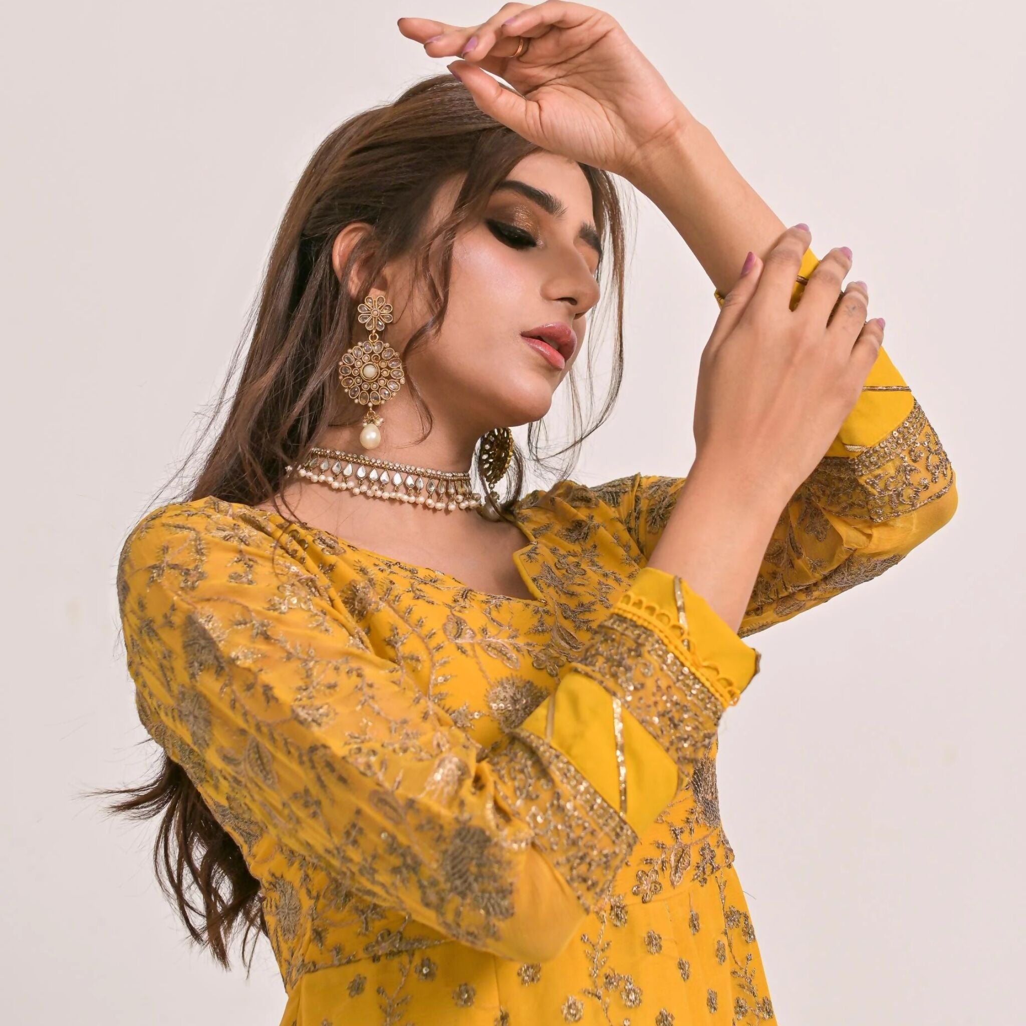 Dress Set, Elegant Gold Embroidered 3-Piece Chiffon, for Women