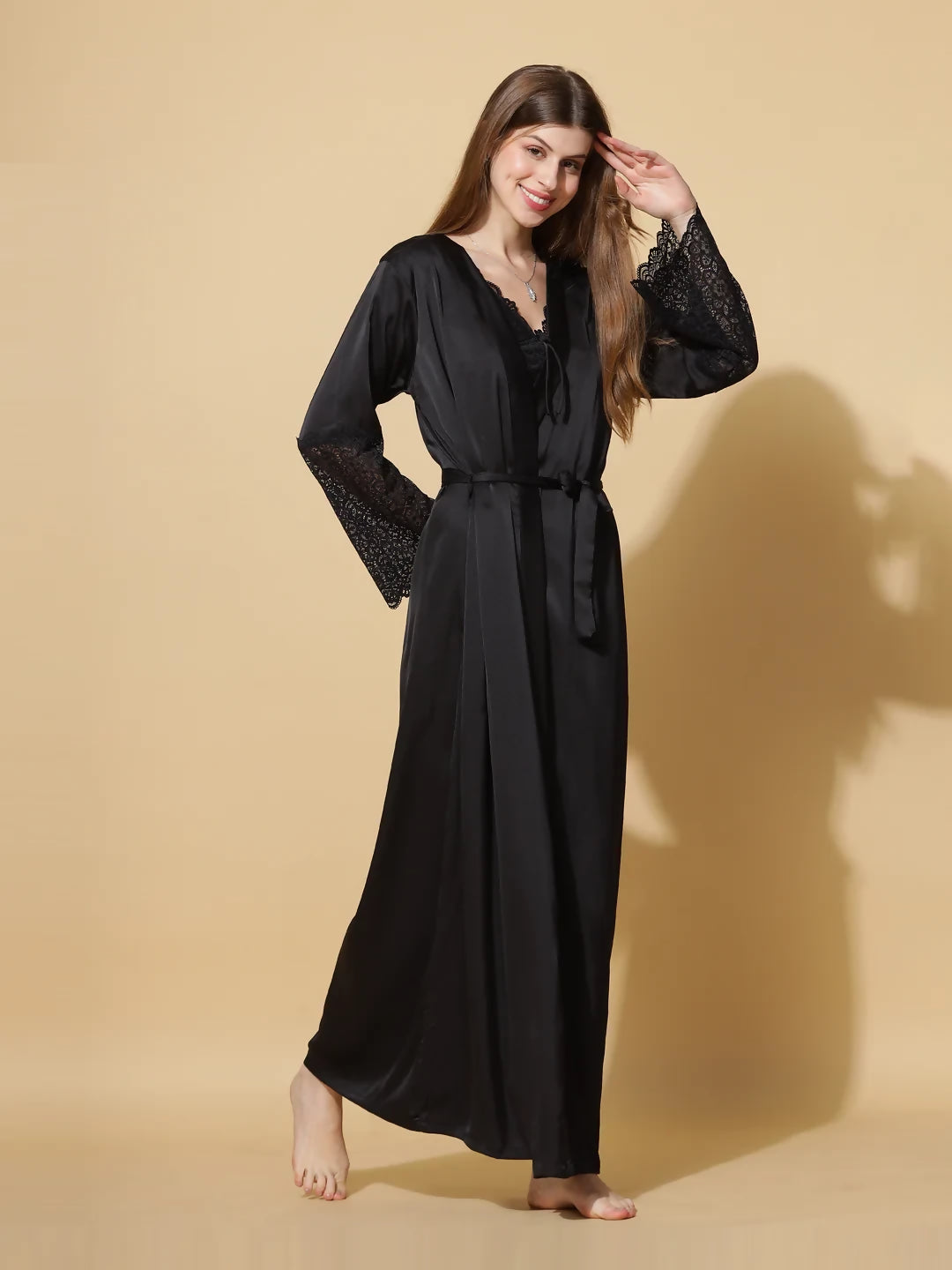 Elegant Luxury silk Night Grown with Delicate Lace Trim _ Comfortable sleepwear for women _ SKU : R_016 _ Black