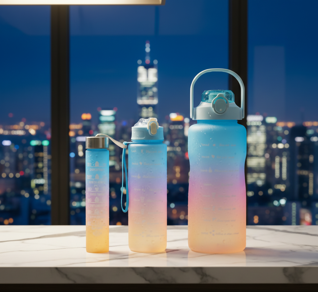3-Piece Motivational Water Bottle Set with Time Markers & Straw – Leak-Proof, BPA-Free Frosted Gradient Ombre Jugs (2L, 900ml, and 300ml) for Fitness, Gym, and Outdoor Sports