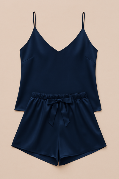 Satin Sleepwear Set Featuring A Luxe Camisole And Shorts Silky Soft, Lightweight – Free Size (Black)