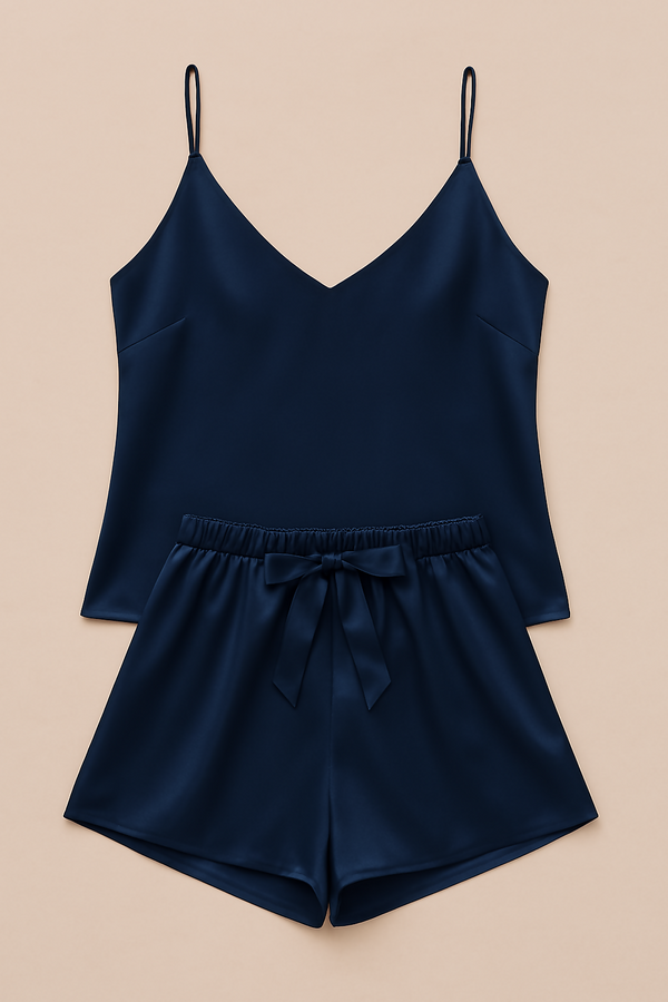 Satin Sleepwear Set Featuring A Luxe Camisole And Shorts Silky Soft, Lightweight – Free Size (Black)