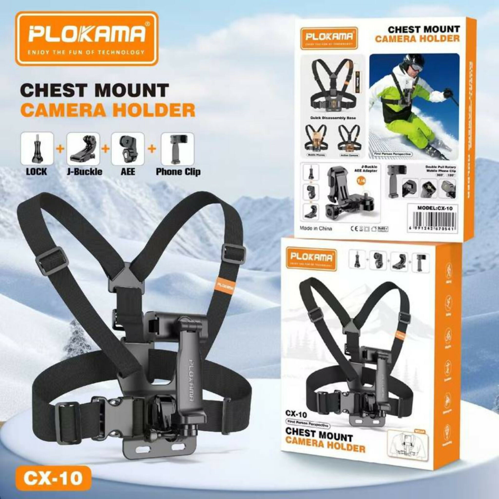 PLOKAMA CX10 Action Camera Chest Mount Holder – 360° Adjustable Harness Strap for Sports, Hiking & Vlogging