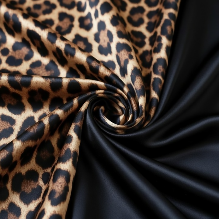 Couple Leopard Print & Black Satin Sleepwear Set – 4 Pcs Robe & Nightdress Set (DC-1021)