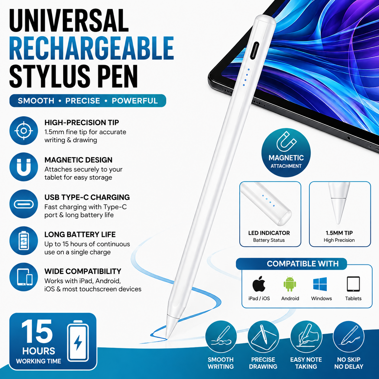 Universal Rechargeable Stylus Pen for Touchscreen Devices | Magnetic Stylus with High-Precision Tip | USB Type-C Charging | Compatible with iPad, Android & Tablets
