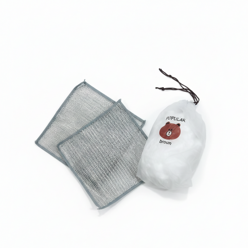 Combo Deal – 2 Pcs Metal Wire Cleaning Cloths with 1 Bear Design Food Cover Packet – Kitchen Cleaning & Food Protection Set