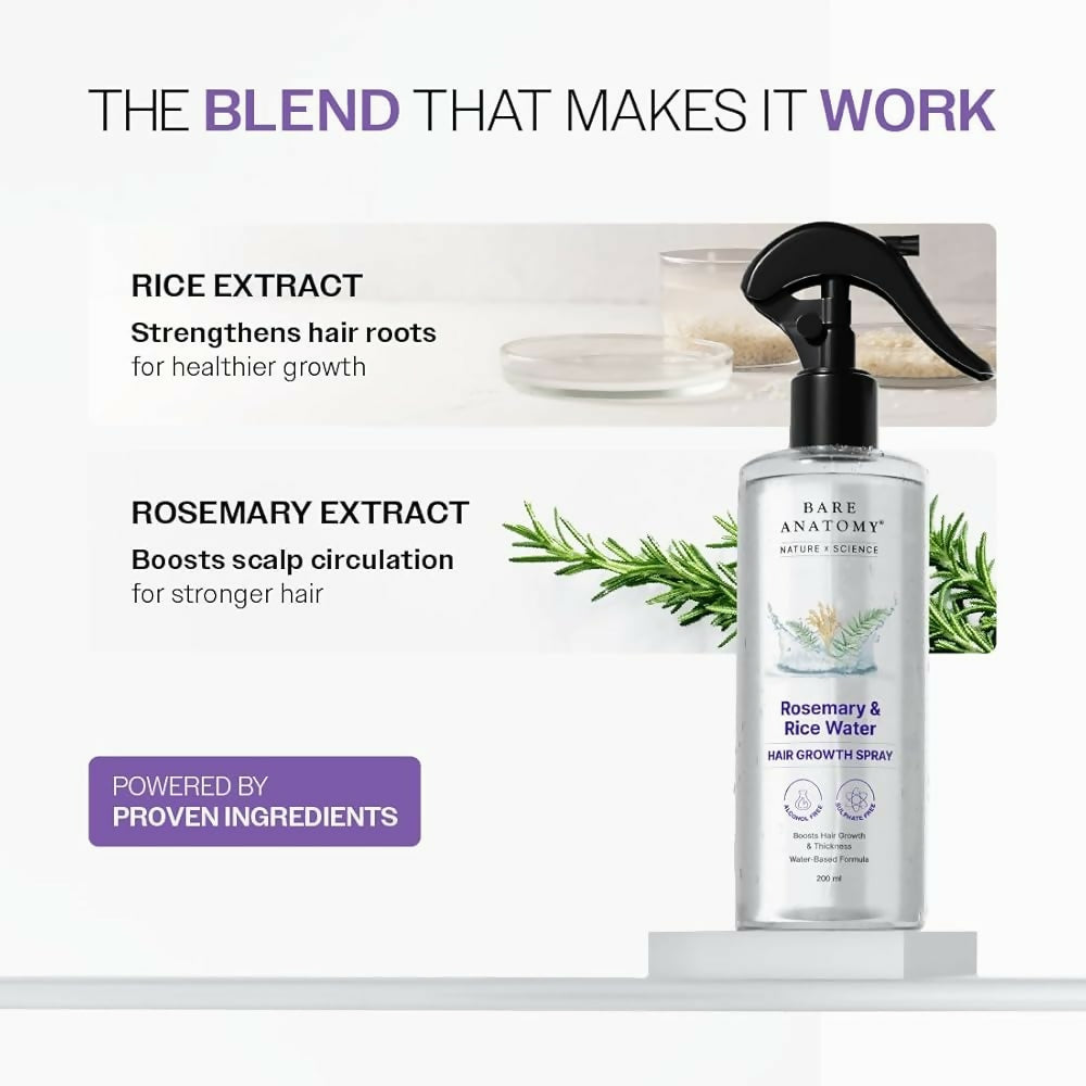 Bare Anatomy Rosemary & Rice Water Hair Growth Spray - 200ml | Boosts Thickness & Strength | Water-Based, Alcohol & Sulphate Free Formula