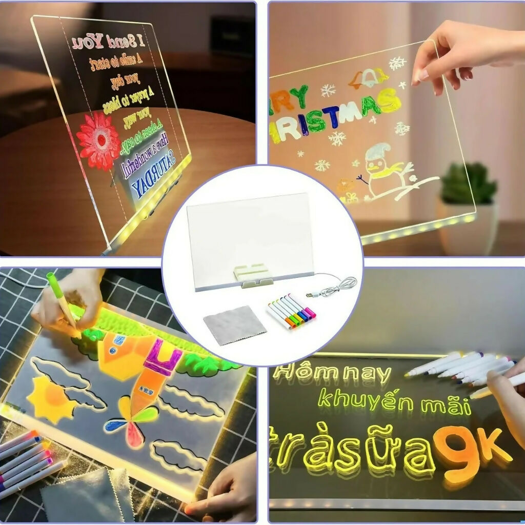 LED Writing Board with 7 Markers & Stand (20x20cm)