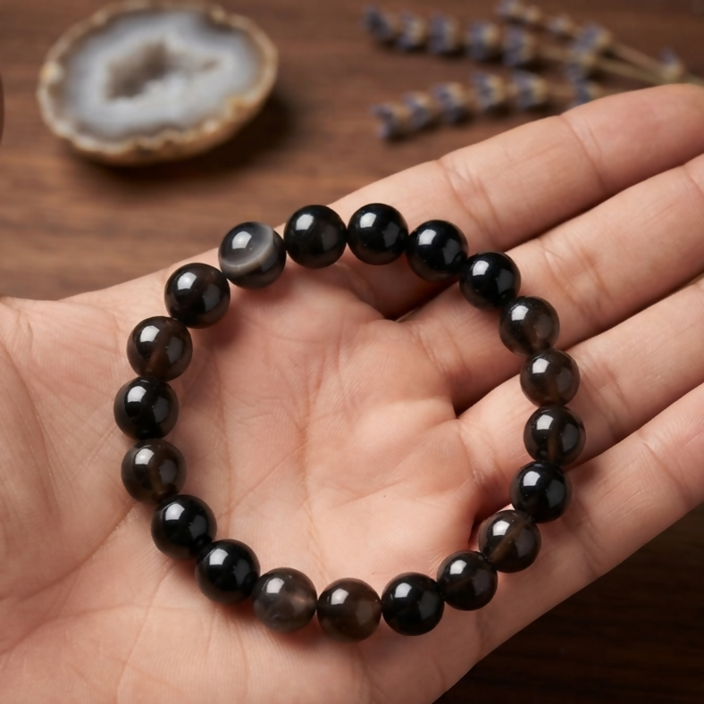 Natural Black Aqeeq Stone Bracelet - Genuine Onyx Gemstone Beaded Wristband Elegant Handcrafted Jewelry For Men And Women Fashion Accessory - Adjustable